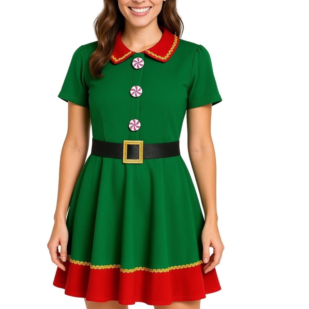 Women's Christmas Elf Costume Dress Green Red Holiday Santa Helper Belt Size S